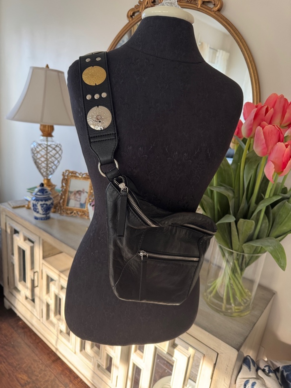 Free People Wilder Embellished Black Leather Crossbody with Studded Strap